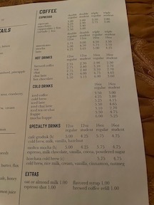 speciality Drinks Menu